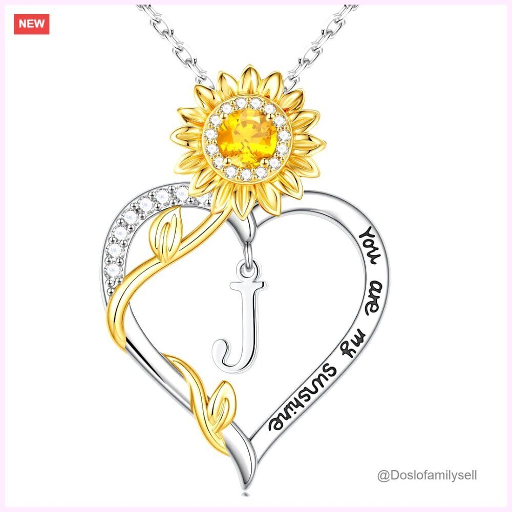 Dainty Sunflower Initial Pendant Necklace Personalized Heart CZ Jewelry Elegant